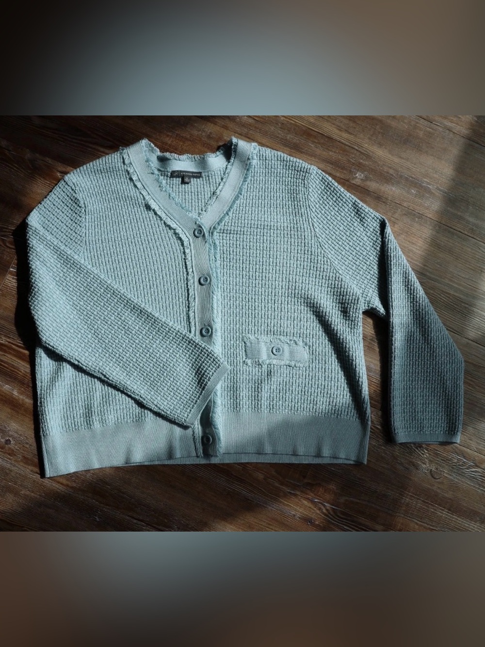 Super Soft Waffle Knit Blue Cardigan Sweater Frayed Trim Womens XL
